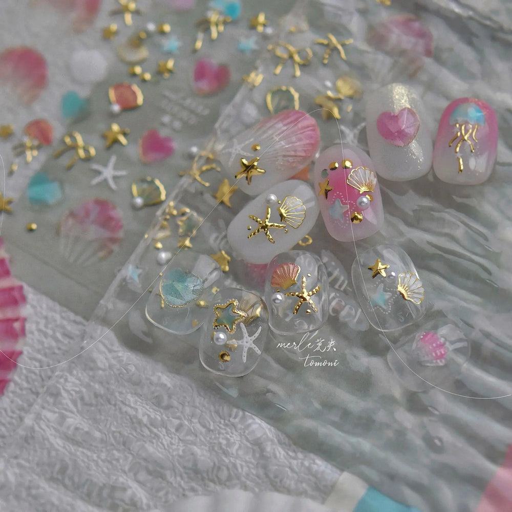 Halo Dyeing Ocean Shell Conch Starfish Pearl Love Heart Bowknot Jellyfish Adhesive Nail Art Stickers Manicure Decals Wholesale (ONLINE ORDER ONLY)