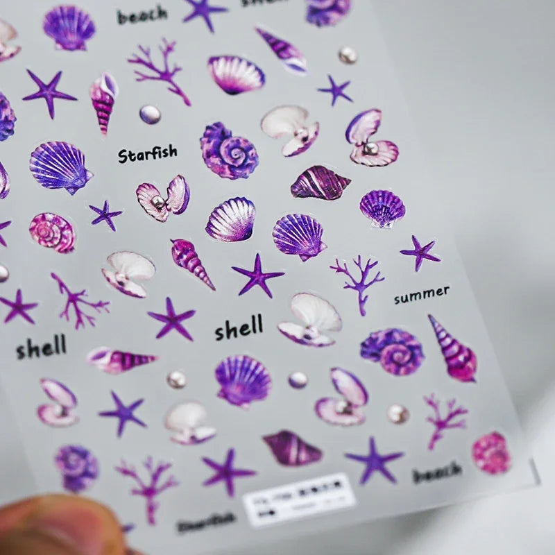 Fantasy Beach Summer Dreamy Colorful Seasnail Shell Pearl Conch Jelly Star 5D Decals Soft Relief 3D Decoration Nail Art Stickers (Online Order Only)