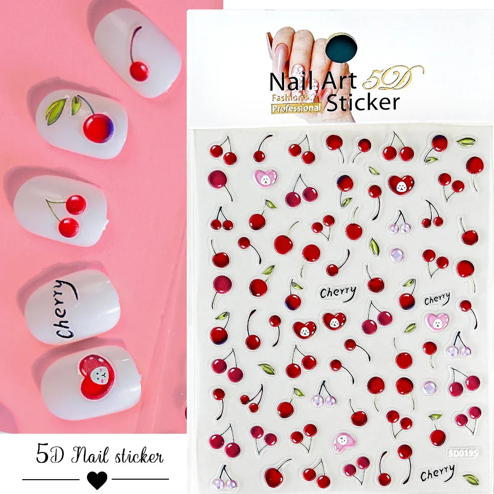 1Pc Sweet Cute Fresh Red Cherry Pattern Nail Stickers Self Adhesive Fruit Design Decals Women & Girls Homemade Manicure Supplies (ONLINE ORDER ONLY)