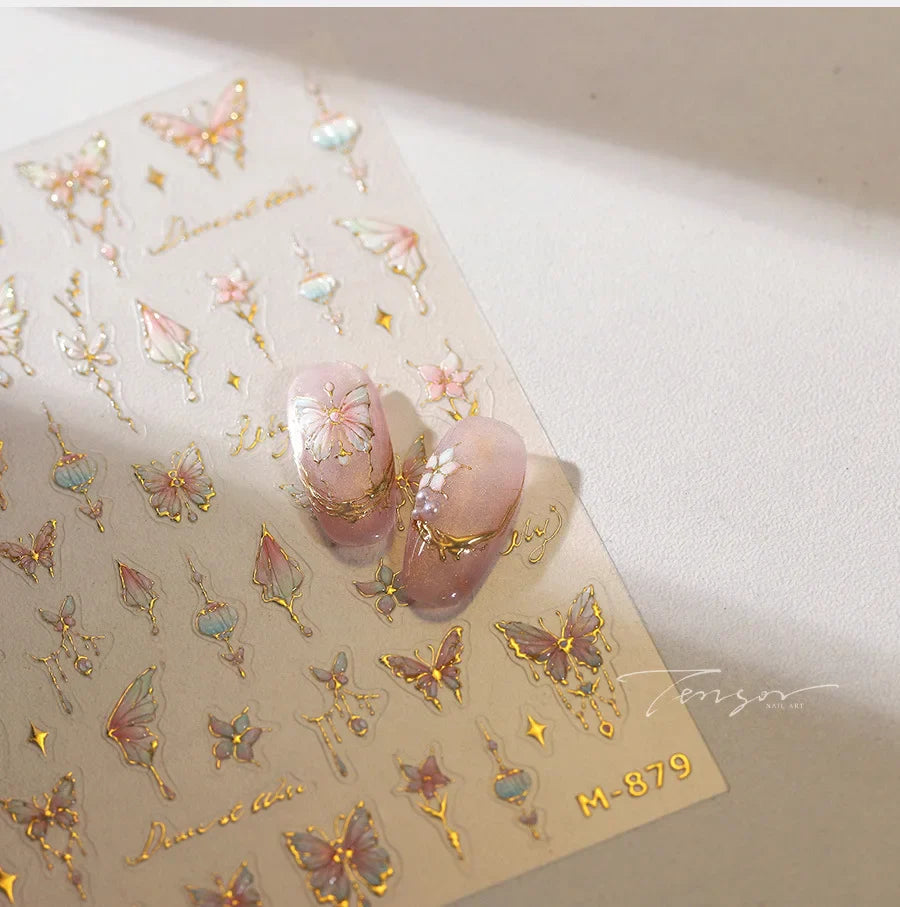 Butterfly Peach Blossom Flowers Lantern Star Tassel Pendant Gold Hot Stamping Self Adhesive Nail Art Stickers Manicure Decals (ONLINE ORDER ONLY)