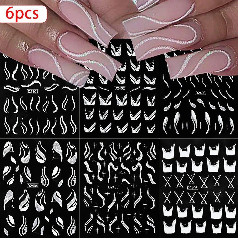 6pcs/Set Blue Gold Glitter French Design 5D Nail Stickers Curve Lines Swirls Wave Nail Sliders Reflective Flakes Decals Manicure (ONLINE ORDER ONLY)