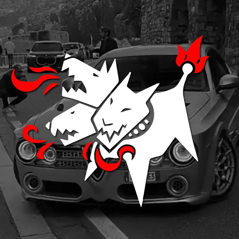 Cartoon Cerberus Stickers,cute&funny Three-headed dog brething fire,White and Black，For Cars, Trucks, Walls, Motorcycles (ONLINE ORDER ONLY)