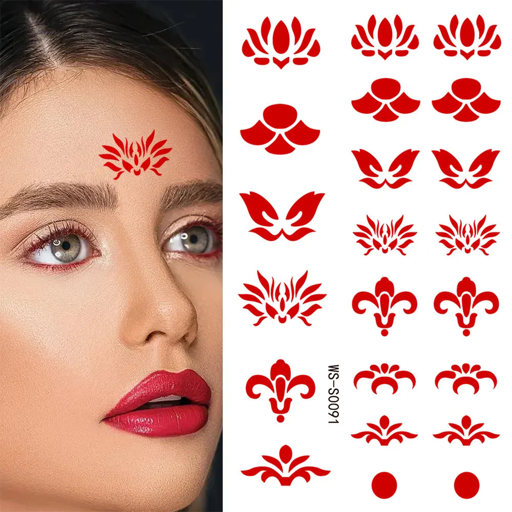 35pcs Eyebrow Flowers Stickers Red Dot Forehead Lotus Stickers Waterproof And Long Lasting Realistic Temporary Tattoo Stickers * (ONLINE ORDER ONLY)