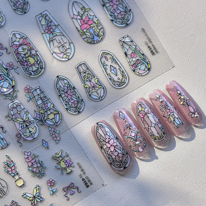 Retro Shiny Glazed Rococo Flower Window Dreamy Butterfly Geometric Frame Stamp Embossed Reliefs Nail Art Stickers Manicure Decal (Online Order Only)