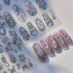 Retro Shiny Glazed Rococo Flower Window Dreamy Butterfly Geometric Frame Stamp Embossed Reliefs Nail Art Stickers Manicure Decal (Online Order Only)