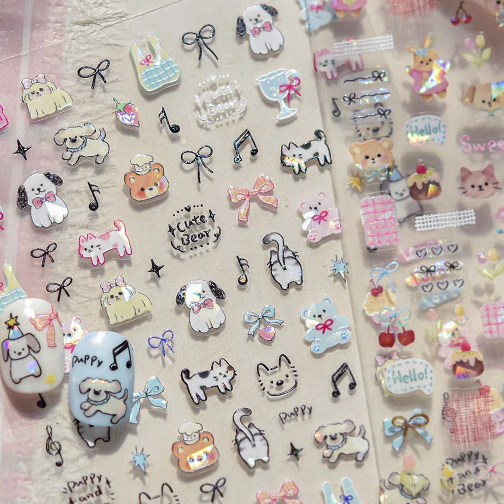 Graffiti Bear Cat Kitten Dog Puppy Bowknot Cake Tulip Note Star Cherry Cup Adhesive Nail Art Decoration Sticker Manicure Decals (ONLINE ORDER ONLY)
