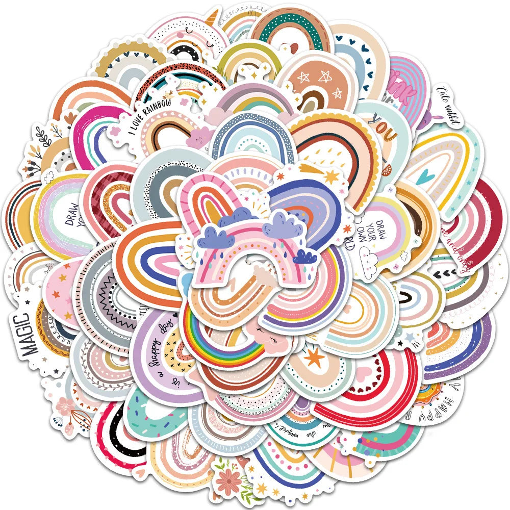 10/30/60pcs Cute Cartoon Bohemian Rainbow Aesthetic Stickers Boho Graffiti Decals Scrapbooking Laptop Phone Sticker Toy (Online Order Only)