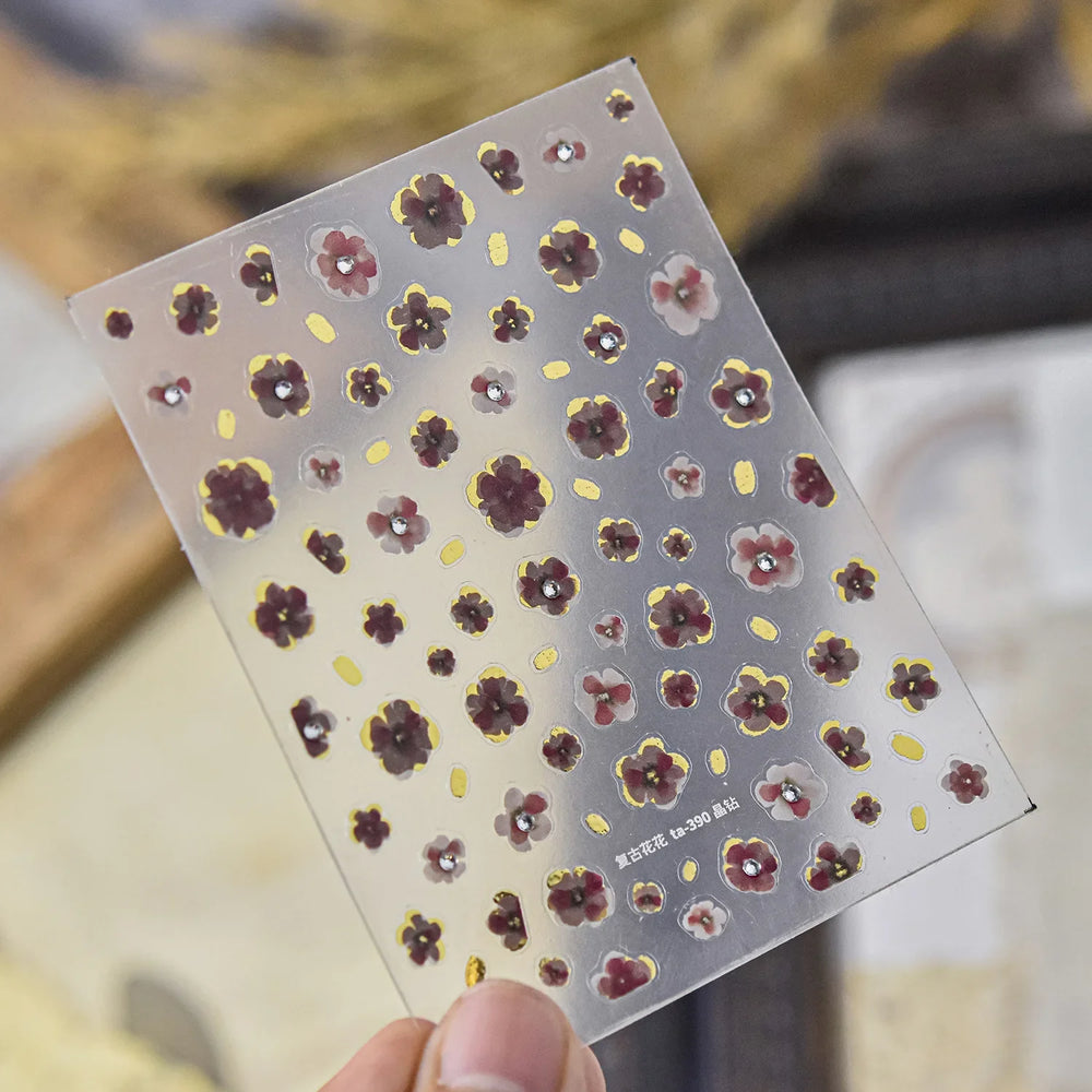 Retro Flowers Petal Pearl Rhinestones Halo Dyeing Chic Daisy Vintage Gold Foil  Floral Designs Nail Art Stickers Manicure Decals (ONLINE ORDER ONLY)
