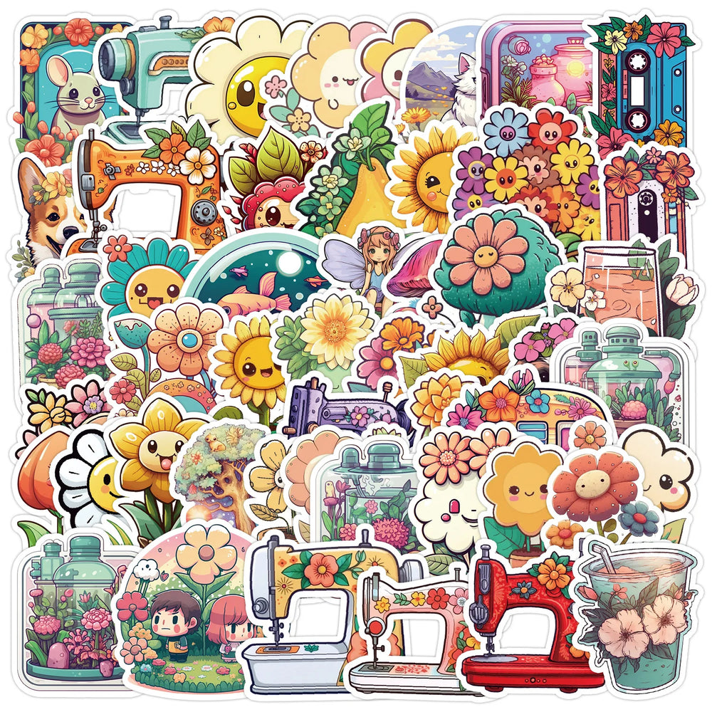 50pcs Cute Cartoon Flower Stickers for Helmet, Wall, Desktop Decoration (Online Order Only)