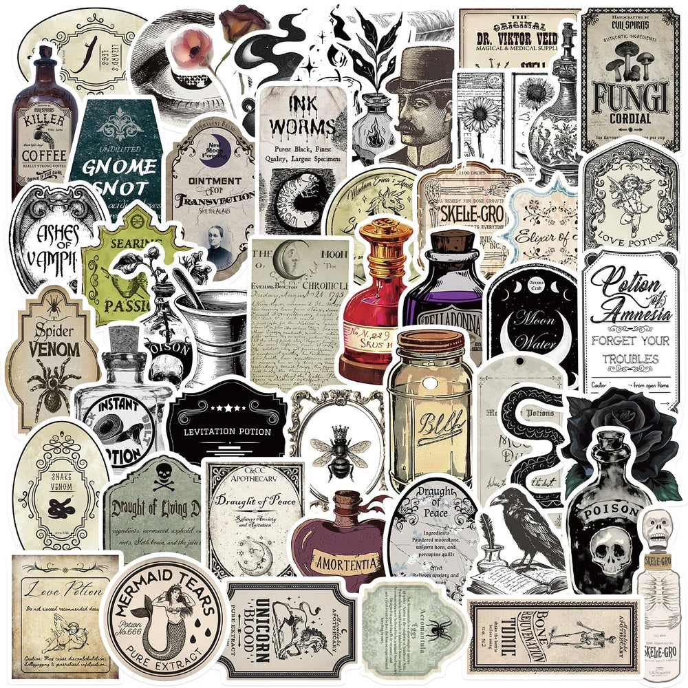 50PCS Retro Potion Label Gothic APothecary Stickers For Helmet Car Skateboard Laptop Phone Sticker DIY Graffiti Cool Decal (ONLINE ORDER ONLY)