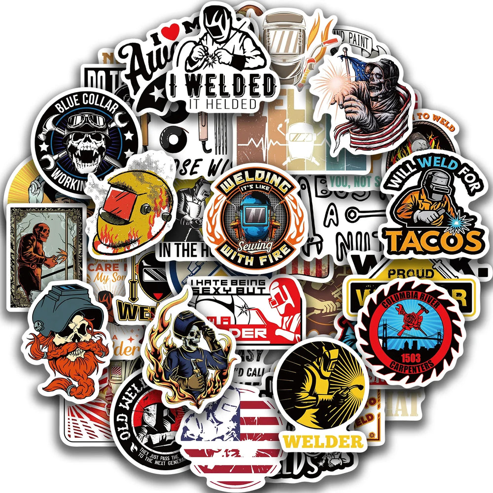 50PCS Mixed Welding Welder Graffiti Stickers For DIY Luggage Skateboard Waterproof DIY Cool Cartoon Decal Sticker Toys Gift (ONLINE ORDER ONLY)