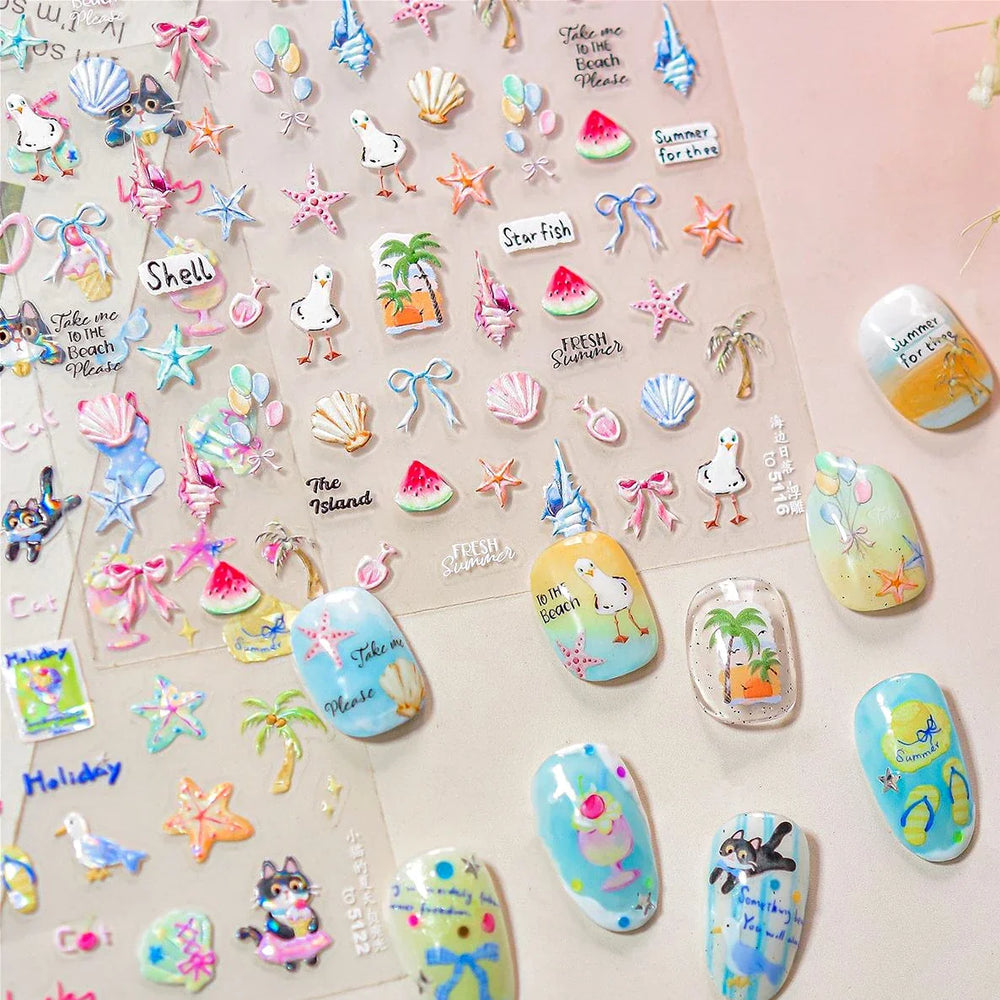 Summer Beach Bikini Watermelon Duck Cat Ice Cream Shell Coconut Tree Cherry Starfish Sunglasses Nail Art Sticker Manicure Decals (ONLINE ORDER ONLY)