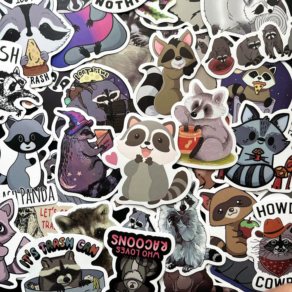 Cartoon Raccoon Trash Panda Stickers for Suitcase, Notebook, Skateboard, Helmet - 10/50PCS Wholesale (Online Order Only)