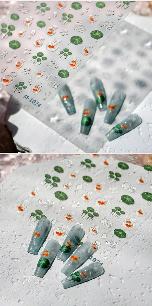 Lotus Flower Leaf Goldfish Ripple Wavelet Water Droplet Lotus Pond Brocaded Carp Self Adhesive Nail Art Stickers Manicure Decals (Online Order Only)