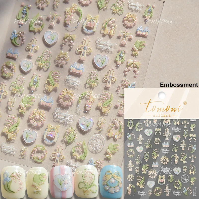 Romantic Lily of The Valley Candle Holder Wreath Bowknot Butterfly Dreamy Adhesive Nail Art Decorations Stickers Manicure Decals (Online Order Only)