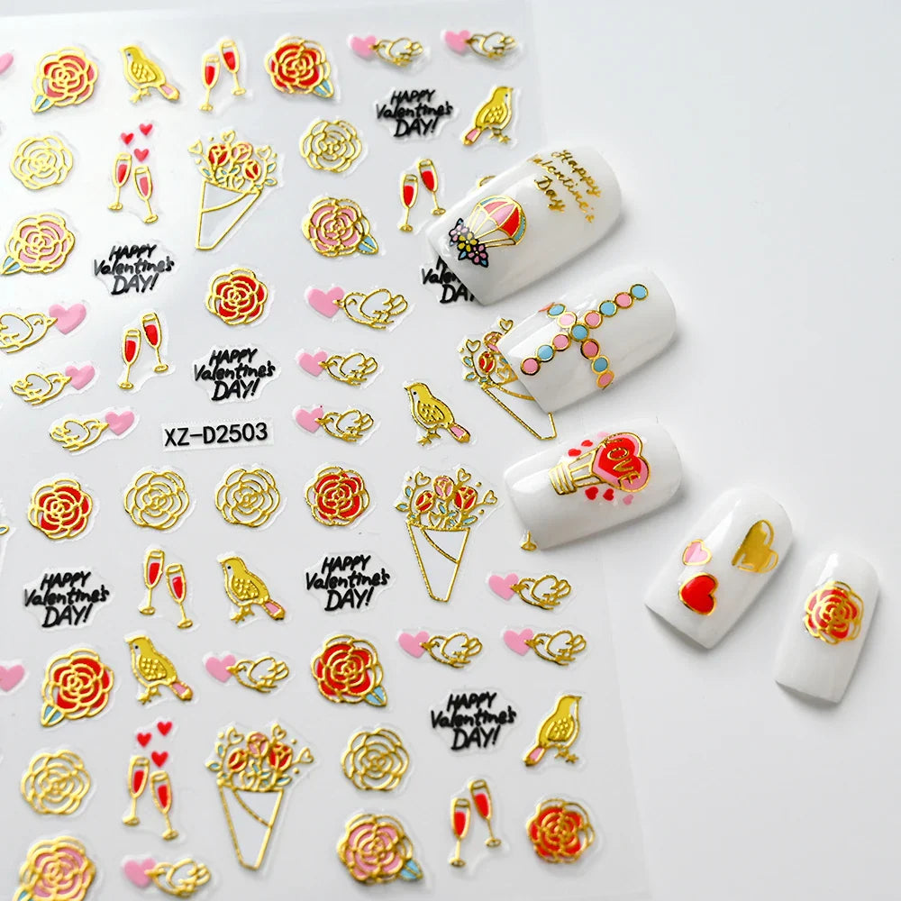 12Pcs 3D Golden Red Glitter Heart Love Nail Sticker Valentine Self Adhesive Cartoon Decal Geometry Lines Stripe Slider Manicure* (ONLINE ORDER ONLY)