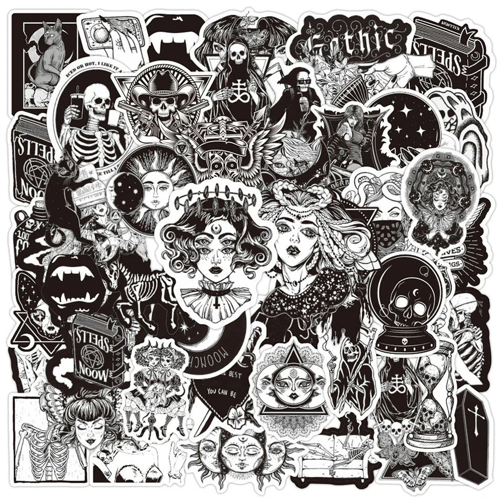 Retro Gothic Black & White Stickers - Waterproof DIY for Bike, Luggage, Guitar, Laptop (Online Order Only)