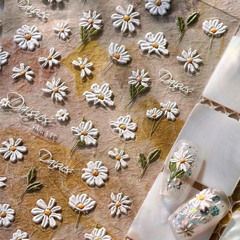Mountain Daisy Wild Flower Mini Green Leaves White Petal Romantic Embossed Reliefs Adhesive Nail Art Stickers Manicure Decals (ONLINE ORDER ONLY)
