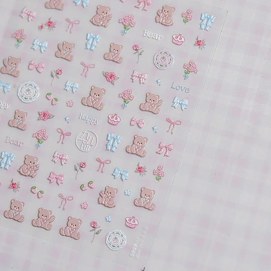 Charming Cherry's Cake Cute Bowknot Pink Blue Bear Flower Bouquet Strawberry Adhesive Nail Art Sticker Rhinestone Manicure Decal (Online Order Only)