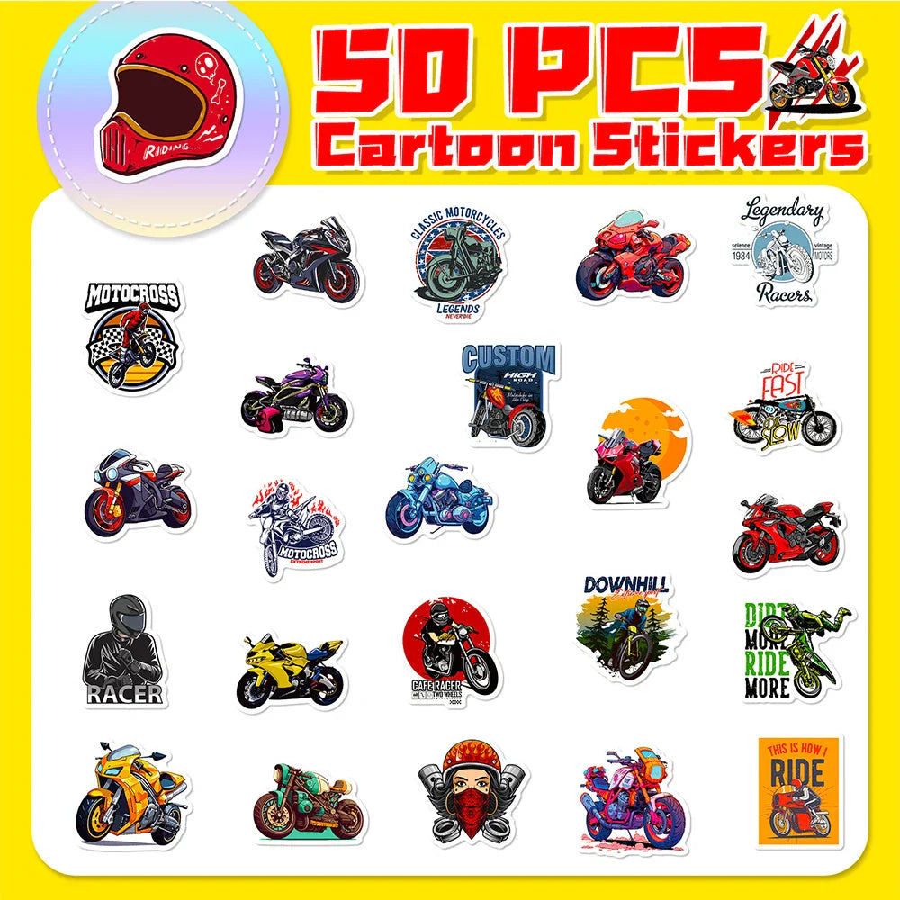 10/30/50pcs Classic Motorcycle Stickers Mountain Bike Decals Laptop Suitcase Notebook Motorcycle Cool Waterproof Sticker Toys (ONLINE ORDER ONLY)