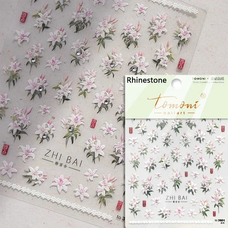 Gradient Coloredful Flower Petal Green Leaf Dreamy Shiny Chinese Rose Fantasy Relief Adhesive Nail Art Stickers Manicure Decals (Online Order Only)