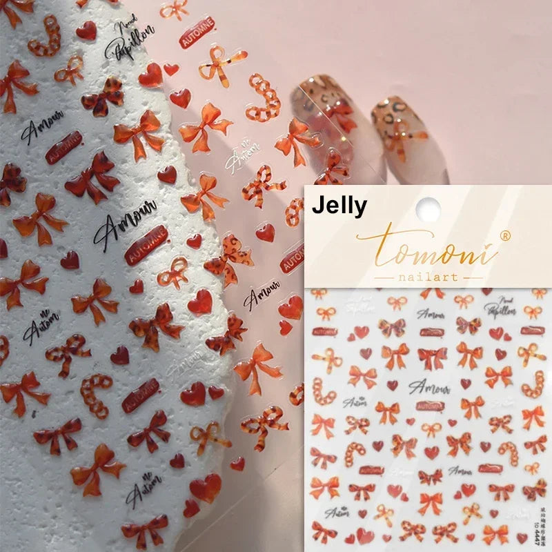 Flat Small Pink Brown Halo Dyeing Love Heart Geometric Leopard Shiny Jelly Chic Embossed Relief Nail Art Stickers Manicure Decal (Online Order Only)