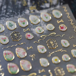 Hot Stamping Jelly All Tulips Garden Flower Bowknot Wave Lace Line Golden and Radiant Adhesive Nail Art Stickers Manicure Decals (ONLINE ORDER ONLY)