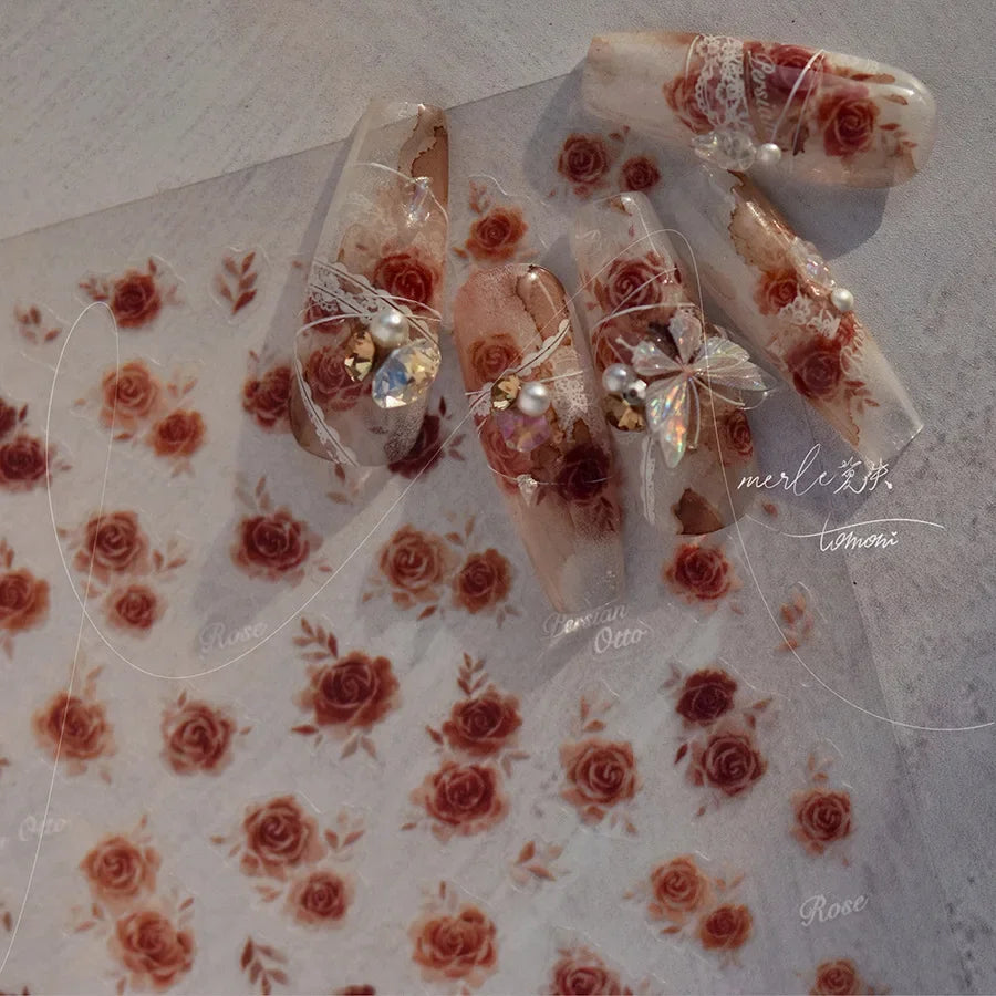 Gradient Halo Dyeing Dark Red Rose Flower Rhinestone Lace Bow Heart 3D Self Adhesive Nail Art Decoration Sticker Manicure Decals (ONLINE ORDER ONLY)