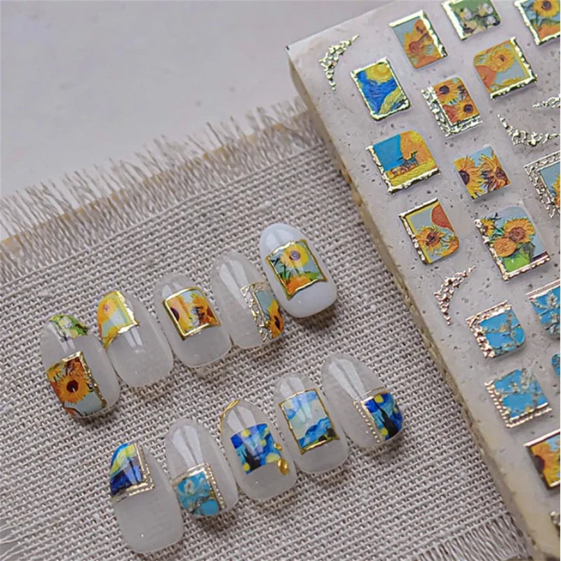 Hot Stamping Colourful Sunflower Starry Night Impressionism Embossment Adhesive Nail Art Sticker Shiny Rhinestone Manicure Decal (Online Order Only)