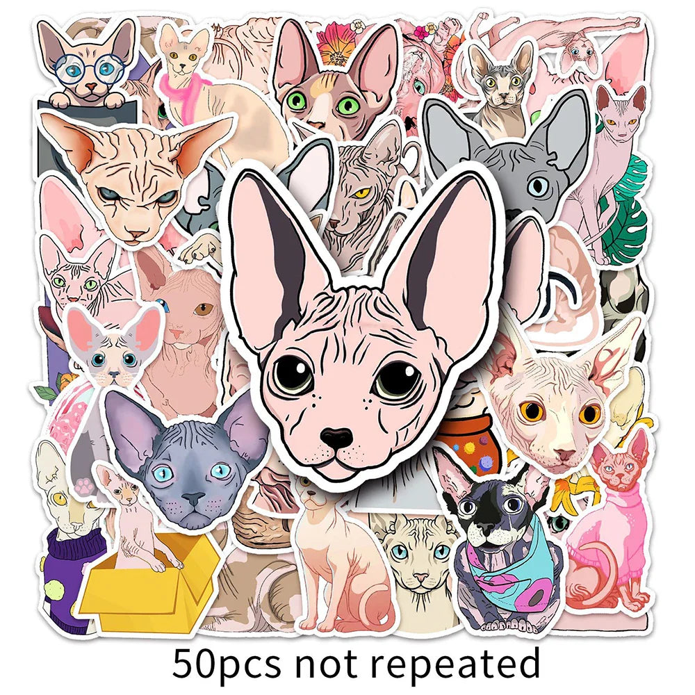 10/30/50PCS Sphynx Cats Stickers Cute Animal Decals Toys DIY Skateboard Phone Fridge Laptop Bike Car PVC Waterproof Sticker Gift (ONLINE ORDER ONLY)