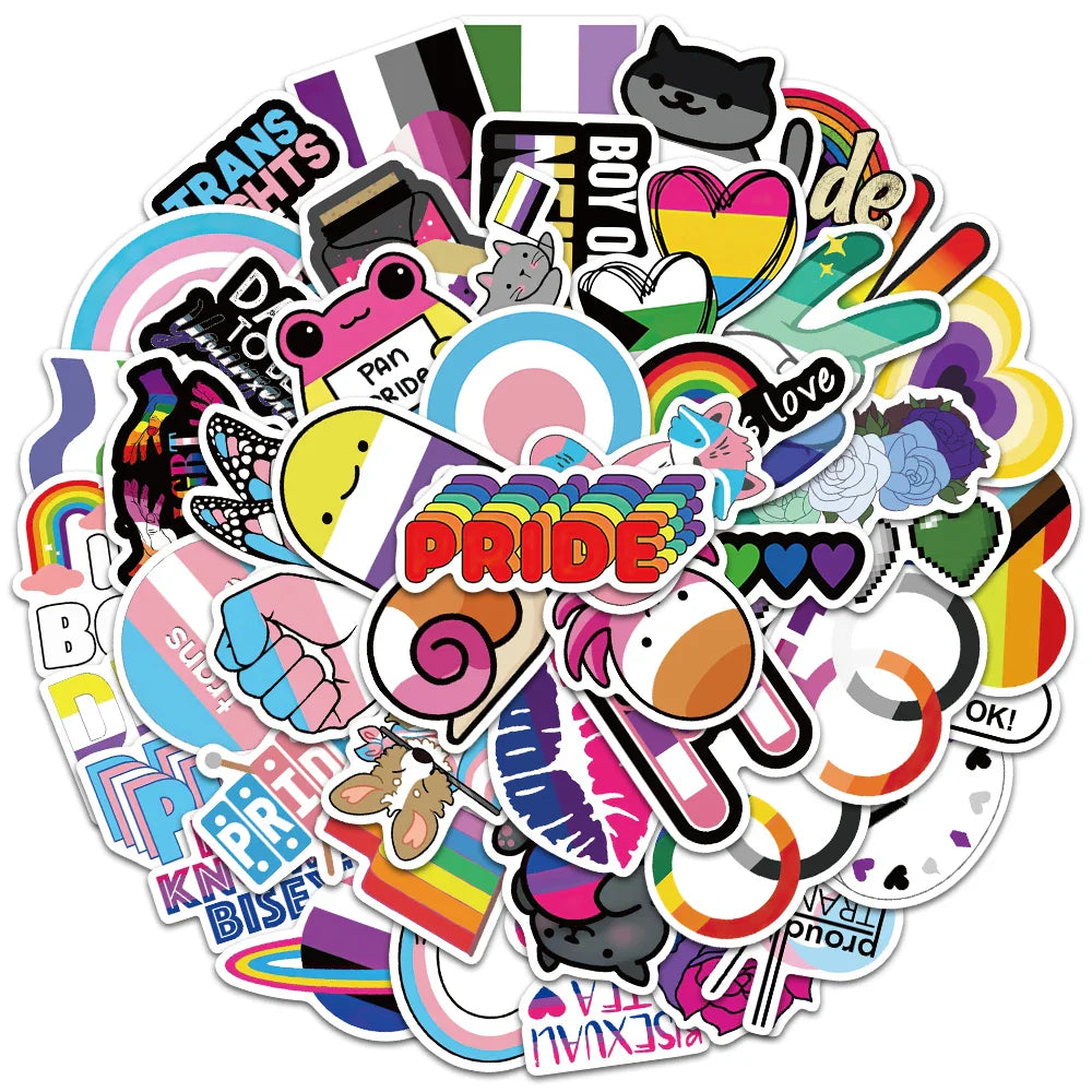 50/100pcs Colorful Cool Cartoon Rainbow LGBTQ Stickers For Laptop Phone Guitar Luggage Diary Waterproof Graffiti Vinyl Decals (ONLINE ORDER ONLY)