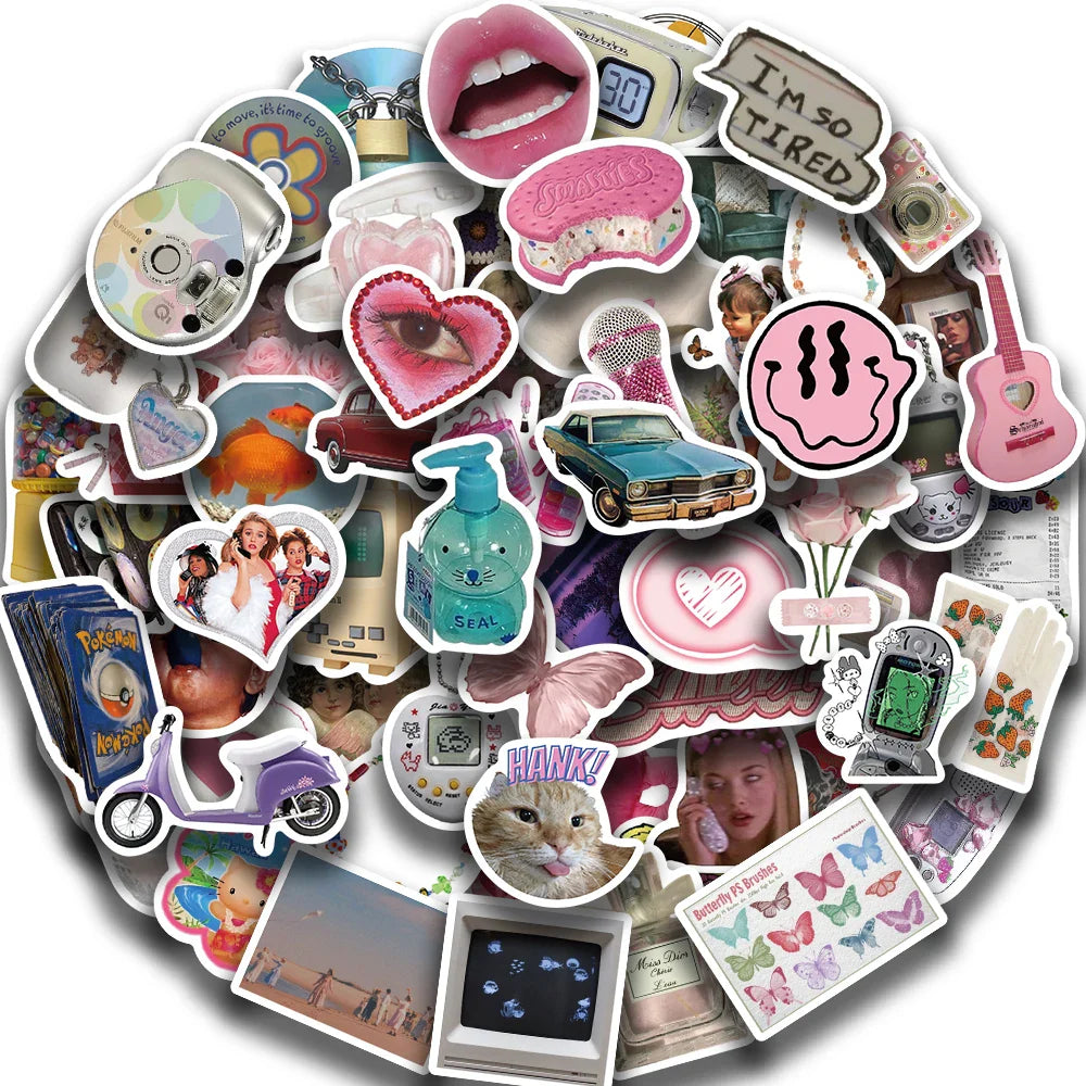 65pcs Retro Millennium Girls Kawaii Stickers Funny Cute Style Decals For Girls Suitcase Phone Guitar Stickers Kids Toys (ONLINE ORDER ONLY)