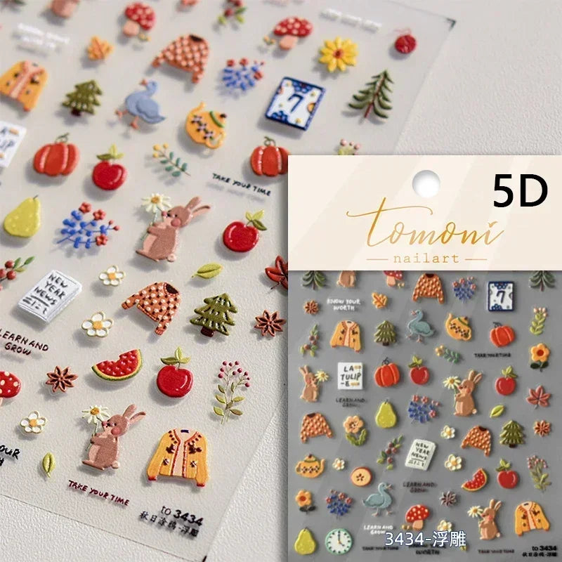 Autumn Fall Maple Leaves Ginkgo Leaf Osmanthus Chrysanthemums Rabbit Bunny Plant Flower Relief Nail Art Sticker Decoration Decal (ONLINE ORDER ONLY)