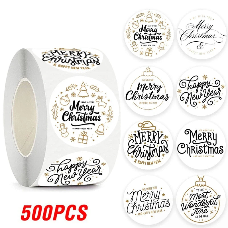100-500pcs Merry Christmas Sticker , Round Adhesive Decoration Sticker for Cards Envelope Seal Xmas Gift Wraps Box Bags (ONLINE ORDER ONLY)