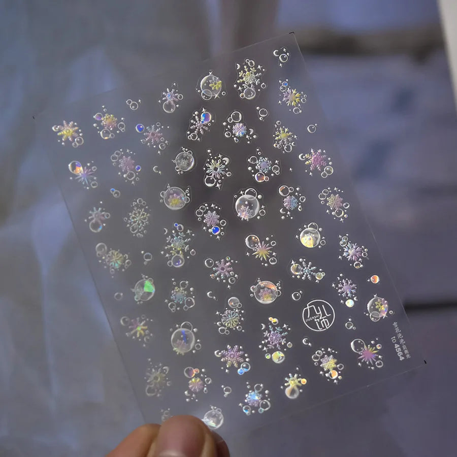 Shiny White Pink Blue Gold Snowflakes Hexagon Water Bubbles Winter 5D Self Adhesive Nail Art Stickers Rhinestone Manicure Decals (ONLINE ORDER ONLY)