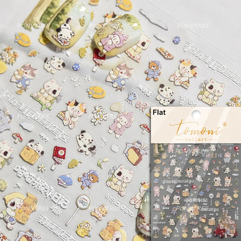 Picnic Cat Kitten Bowknot Flower Fish Butterfly Tree Mushroom Star Moon Cat's Paw Adhesive Nail Art Sticker Cute Manicure Decals (Online Order Only)
