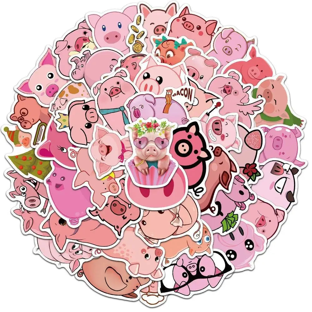 Cartoon Pink Pig Stickers for Laptop, Car, Fridge, Snowboard - 10/30/50/100Pcs Vinyl Decals (ONLINE ORDER ONLY)
