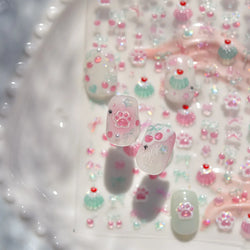 Lovely Green Pink Cherry Pudding Claw Paw Love Heart Bowknot Soft Embossed Reliefs Adhesive Nail Art Stickers Manicure Decals (ONLINE ORDER ONLY)