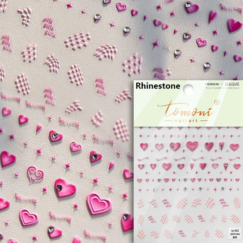 French Style Colorful Square Grid Rhombus Stripe Bowknot Line 3D Self Adhesive Nail Art Stickers Shiny Rhinestone Manicure Decal (Online Order Only)