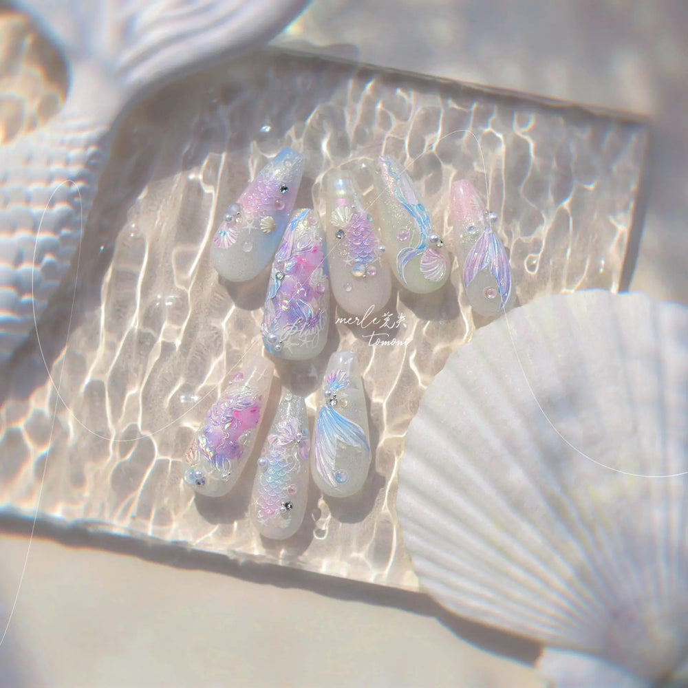 Mermaid Girl Conch Starfish Shell Bowknot Fish Scale Purple Ribbon Water Bubbles Chic Adhesive Nail Art Sticker Manicure Decals (ONLINE ORDER ONLY)