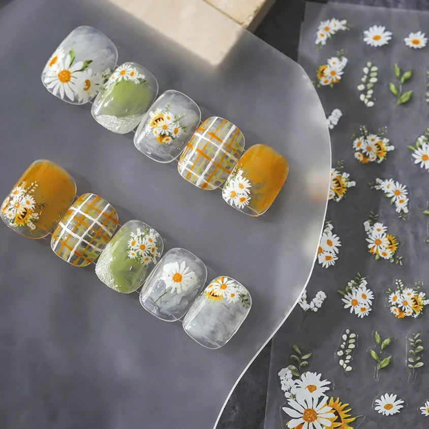 White Daisy Sunflower Green Leaves Wreath Garland Flower Cluster Bouquet Flat Adhesive Nail Art Sticker Manicure Decals Supplies (Online Order Only)