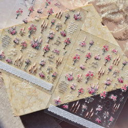 Romantic Candle Holder Lace Rambler Rose Pink Flower Bowknot Candlestick Ribbon Adhesive Nail Art Stickers Shiny Manicure Decals (ONLINE ORDER ONLY)