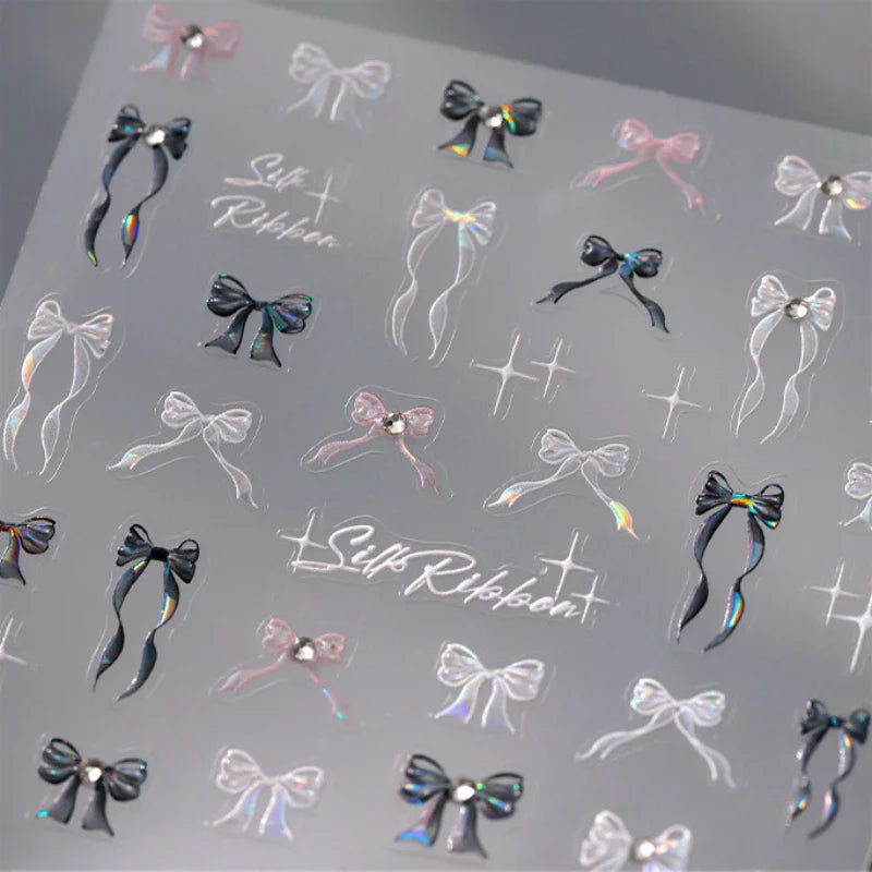 White Black Pink Bowknot Lace Star Pearl Tassel Pendant Shiny 5D Embossed Relief Self Adhesive Nail Art Stickers Manicure Decals (ONLINE ORDER ONLY)