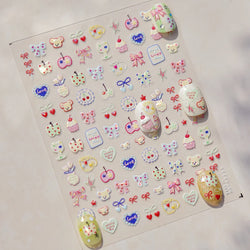 Cute Lucky Bear Apple Core Star Bowknot Flower Delicious Cookies Cherry Cake Dessert Milk Vase Adhesive Nail Art Stickers Decals (ONLINE ORDER ONLY)