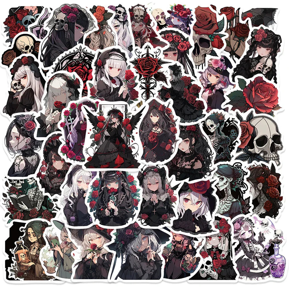 Gothic Rose Girl Stickers Waterproof Decals for Motorcycle, Skateboard, Laptop, Phone, Luggage - 10/30/50pcs (Online Order Only)