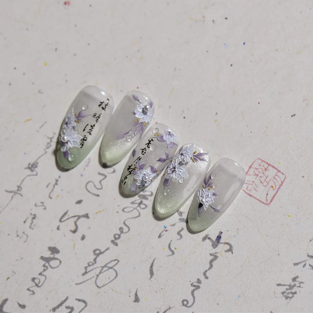 Trumpet Creeper White Flower Purple Leaves Antique Special Characters 5D Soft Relief Adhesive Nail Art Stickers Manicure Decals (ONLINE ORDER ONLY)