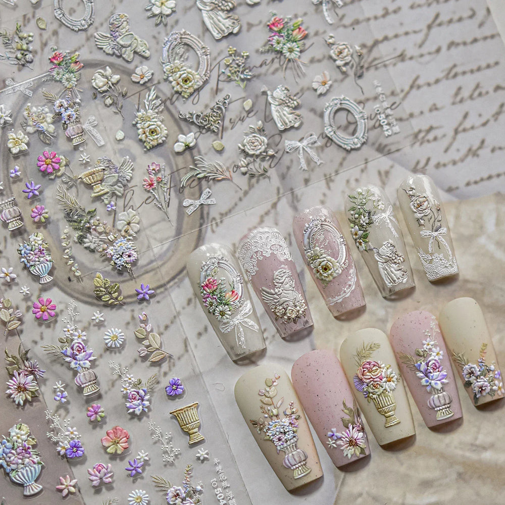 Angel Bowknot Stone Statue Vintage Photo Frame Flower Bed Bouquet Garden Rose Crown Adhesive Nail Art Stickers Manicure Decals (ONLINE ORDER ONLY)