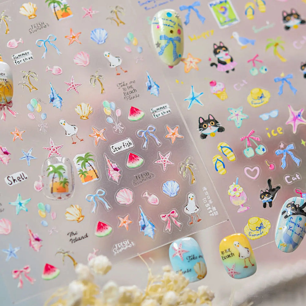 Summer Beach Bikini Watermelon Hat Sandals Ice Cream Shell Conch Starfish Cat Duck Nail Art Decoration Stickers Manicure Decals (ONLINE ORDER ONLY)
