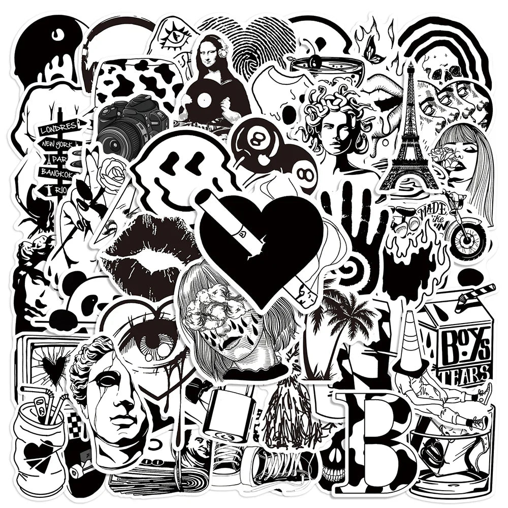 Cool Black & White Graffiti Stickers for Laptop, Skateboard, Motorcycle, Phone, Luggage - 10/30/50pcs (Online Order Only)