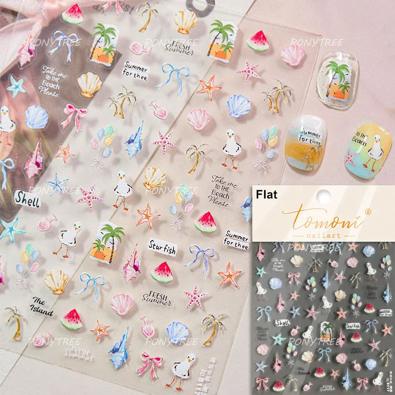 Summer Beach Bikini Watermelon Hat Sandals Ice Cream Shell Conch Starfish Cat Duck Nail Art Decoration Stickers Manicure Decals (ONLINE ORDER ONLY)